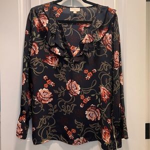 Loft Outlet Navy Floral Long Sleeved Lightweight Blouse w/Ruffled Collar. Medium